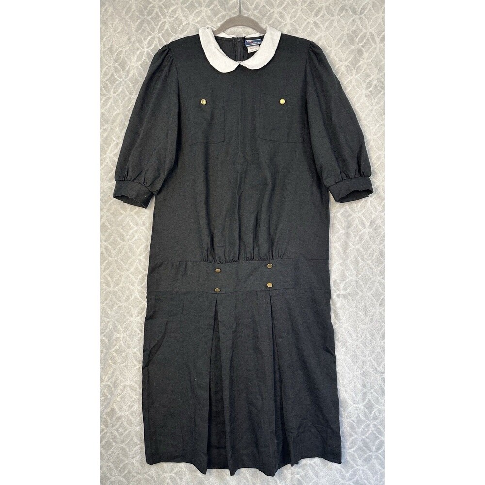 Vtg 60s Avon Drop Waist Day Dress Large Black White Puff Sleeve Modest Victorian